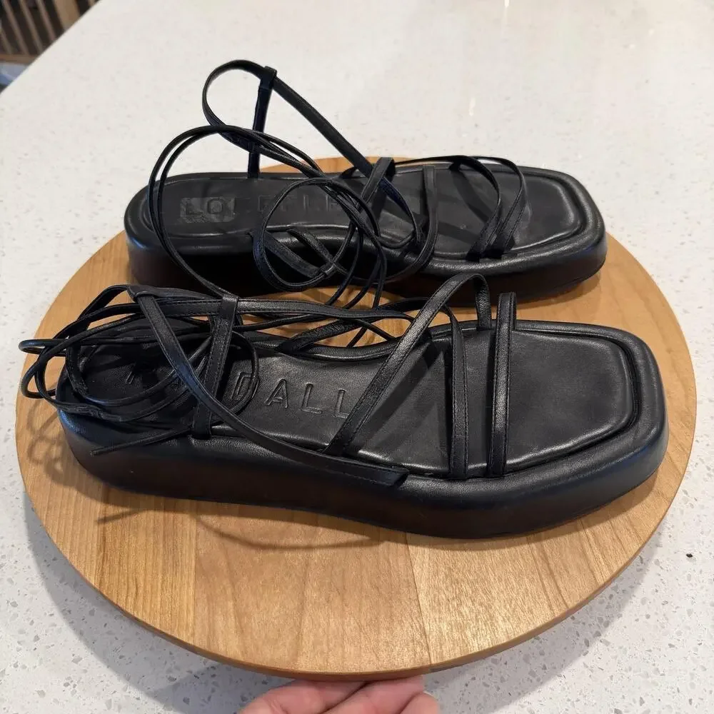 Loeffler Randall Sandals 9.5 Beau Black Strappy Platform Lace Up Square Toe Cute